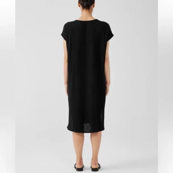 Eileen Fisher Black Organic Cotton Gauze V- Neck Dress, Size PM - Picture 2 of 5